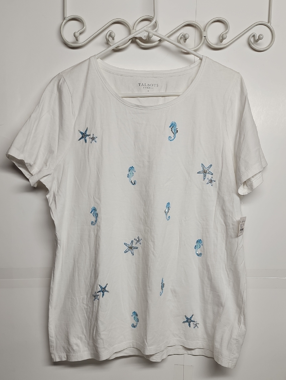 Talbots White Tee with Blue Seahorse & Starfish Motif Plus  Sz X Minimalist Cute